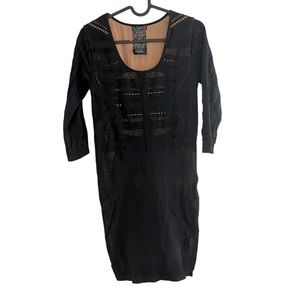 Guess Nude & Black Cutout Bodycon Dress Size M/L 3/4 sleeve short scoop neck